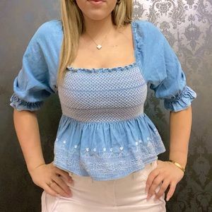 Stylish square neck mid sleeve navy ruffle crop top